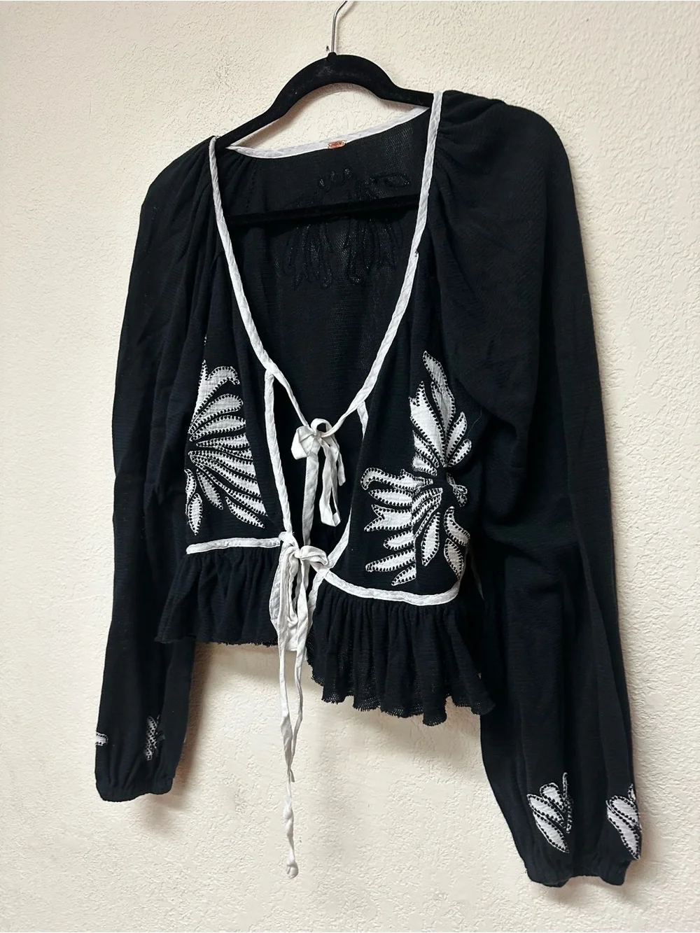 Free People womans boho Black Embroidered Tie-Front Peasant Top size M